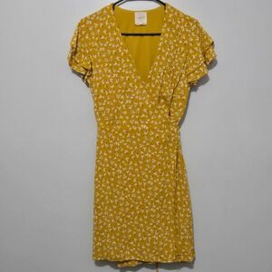 S#8 Harper Heritage Yellow Floral Wrap Dress Flutter Sleeve Midi size  M ptp:17"